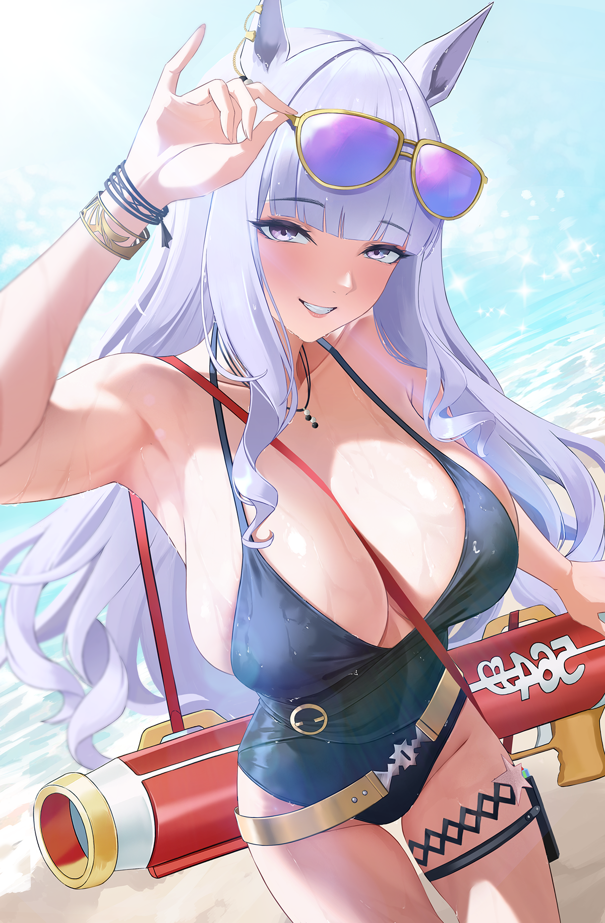 smitcuk, gold ship (run revolt launcher) (umamusume), gold ship (umamusume), umamusume, highres, 1girl, animal ears, black one-piece swimsuit, breasts, casual one-piece swimsuit, eyewear on head, horse ears, horse girl, long hair, one-piece swimsuit, purple-tinted eyewear, smile, solo, swimsuit, tinted eyewear, water gun