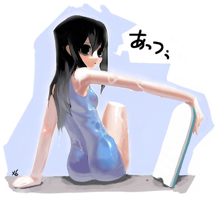 x6suke, 1girl, :<, arm support, armpits, ass, black eyes, black hair, female focus, from behind, hair between eyes, kickboard, long hair, looking at viewer, looking back, one-piece swimsuit, open mouth, outstretched arm, shadow, sidelocks, signature, sitting, solo, swimsuit, wet, wet hair