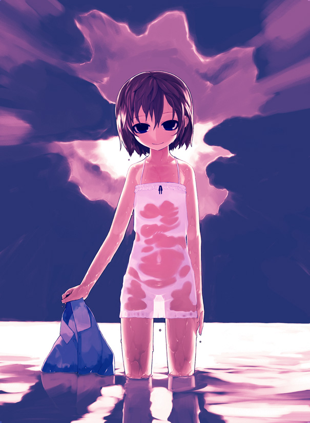 x6suke, artist request, copyright request, 1girl, black eyes, blue eyes, brown hair, female focus, loli, purple hair, reflection, see-through clothes, short hair, solo, wet, wet clothes