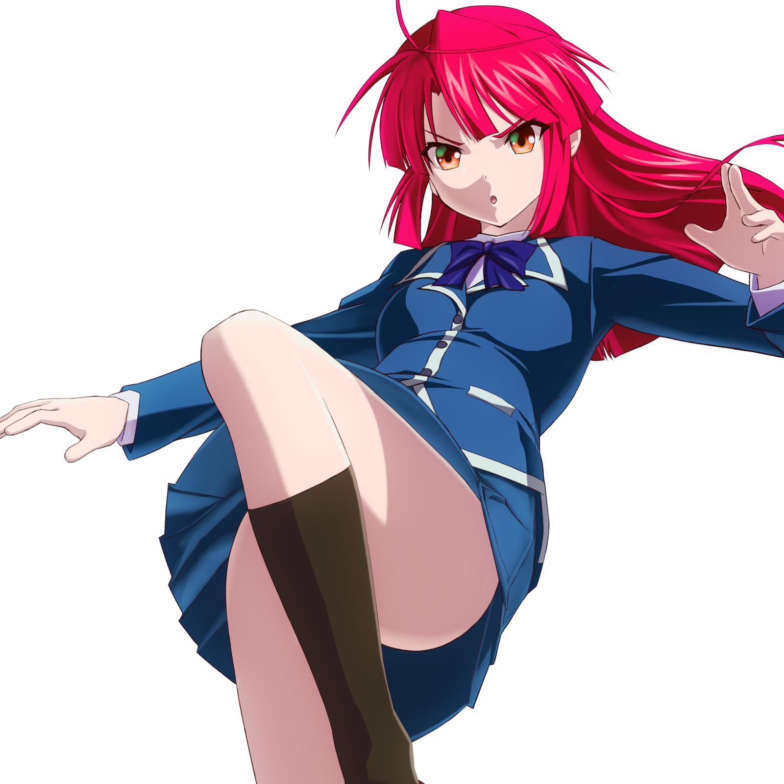 netarou (shinra), kannagi ayano, kaze no stigma, highres, 1girl, ahoge, blazer, convenient leg, jacket, long hair, orange eyes, pleated skirt, red hair, school uniform, seiryou academy school uniform, skirt, solo