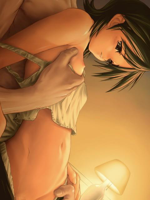 kawata hisashi, tasogare, miidera tsukuyo, leaf (studio), game cg, jpeg artifacts, 1girl, black eyes, black hair, breasts, camisole, censored, flat chest, flat chest grab, grabbing another's breast, groping, lamp, lingerie, loli, midriff, mosaic censoring, no bra, sad, short hair, solo focus, strap slip, underwear, undressing