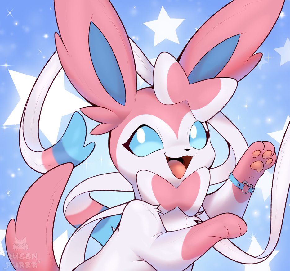 queen purrr, sylveon, nintendo, pokemon, :3, animal focus, artist name, blue background, blue sclera, bow, bowtie, bracelet, colored sclera, ear bow, gen 6 pokemon, happy, heart, heart o-ring, jewelry, looking to the side, neck ribbon, no humans, o-ring, open mouth, pink bow, pink bowtie, pokemon (creature), ribbon, smile, solo, star (symbol), star symbol background, upper body, watermark, white eyes, white ribbon