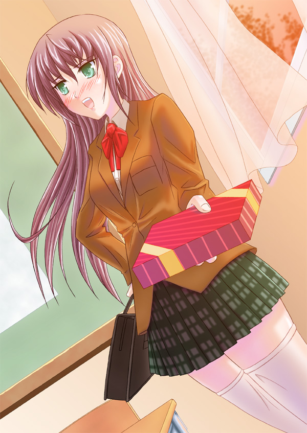 kouho (gosha tsunei), original, 1girl, blazer, checkered clothes, checkered skirt, curtains, desk, dutch angle, female focus, green eyes, jacket, long hair, open mouth, pink hair, pleated skirt, school desk, school uniform, skirt, solo, thighhighs, valentine, zettai ryouiki