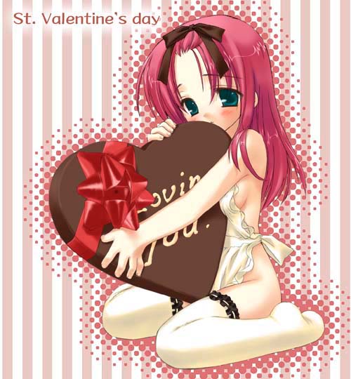 kobuichi, muririn, suzuki shuuka, shouyon! kodomo challenge, shouyon! kodomo sharenzi, 1girl, apron, candy, chocolate, chocolate heart, female focus, food, green eyes, heart, kneeling, naked apron, no eyewear, pink background, red hair, sitting, solo, thighhighs, valentine, wariza