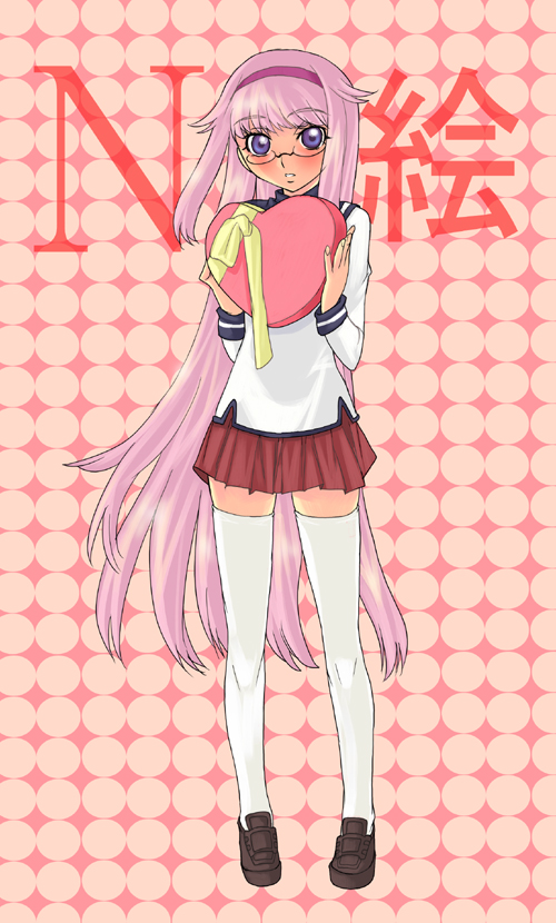 nagy, 1girl, blue eyes, blush, candy, chocolate, chocolate heart, female focus, food, glasses, headband, heart, long hair, pink background, pink hair, polka dot, polka dot background, school uniform, serafuku, solo, thighhighs, valentine, very long hair