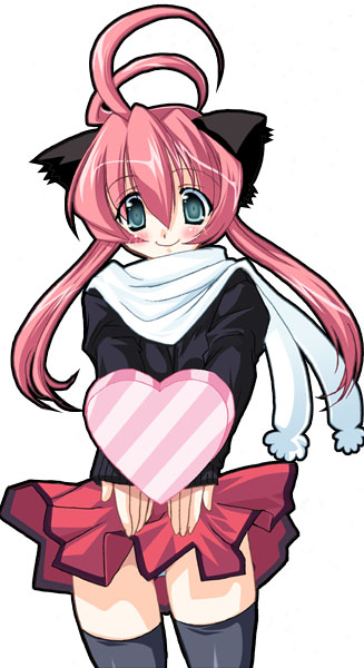 tajima yoshikazu, 1girl, animal ears, blue eyes, blush, cat ears, female focus, pink hair, scarf, skirt, solo, thighhighs, valentine, zettai ryouiki