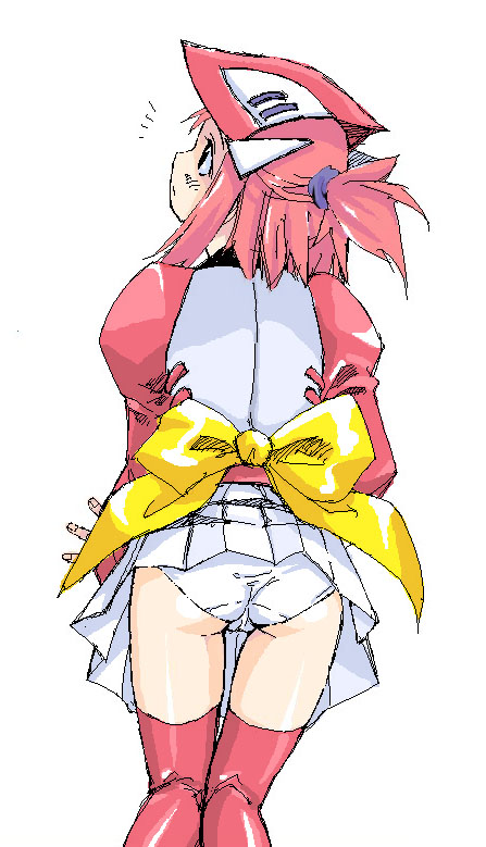 satou atsuki, armor, ass, back, boots, bow, from behind, helm, helmet, jacket, large bow, oekaki, panties, pink hair, ribbon, short hair, solo, thigh boots, thigh gap, thighhighs, thighs, underwear, upskirt, white panties