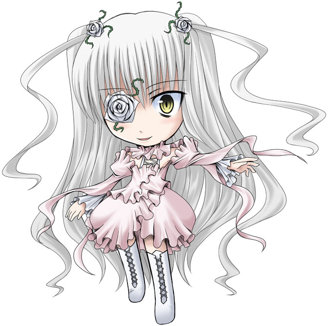 date (hoshikariza), kirakishou, rozen maiden, 00s, 1girl, boots, chibi, eyepatch, female focus, flower eyepatch, full body, simple background, solo, white background, white boots