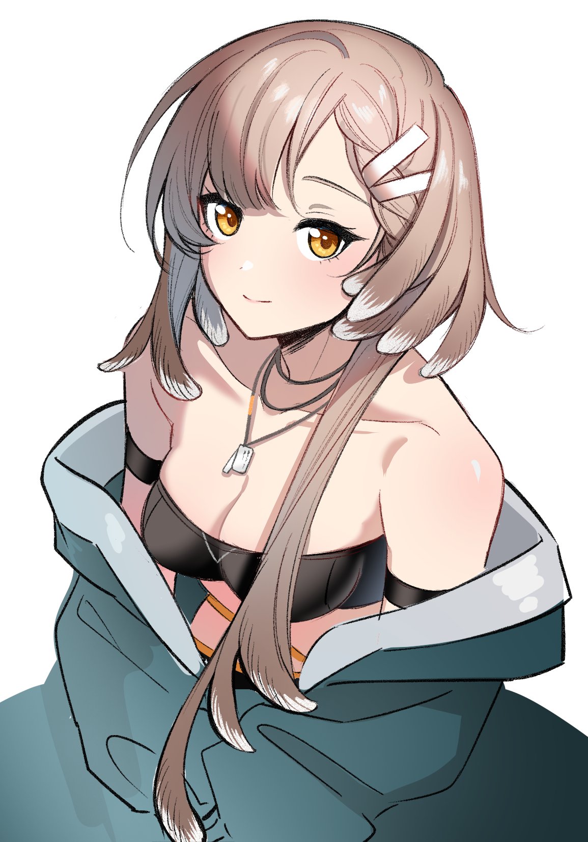 avi (baltika seven), firewhistle (arknights), arknights, highres, 1girl, arm strap, bandeau, bare shoulders, bird girl, black bandeau, black tube top, blush, breasts, brown hair, dog tags, feather hair, green jacket, hair ornament, hairclip, jacket, jewelry, long hair, long sleeves, looking at viewer, medium breasts, necklace, short hair with long locks, smile, solo, strapless, tube top, yellow eyes