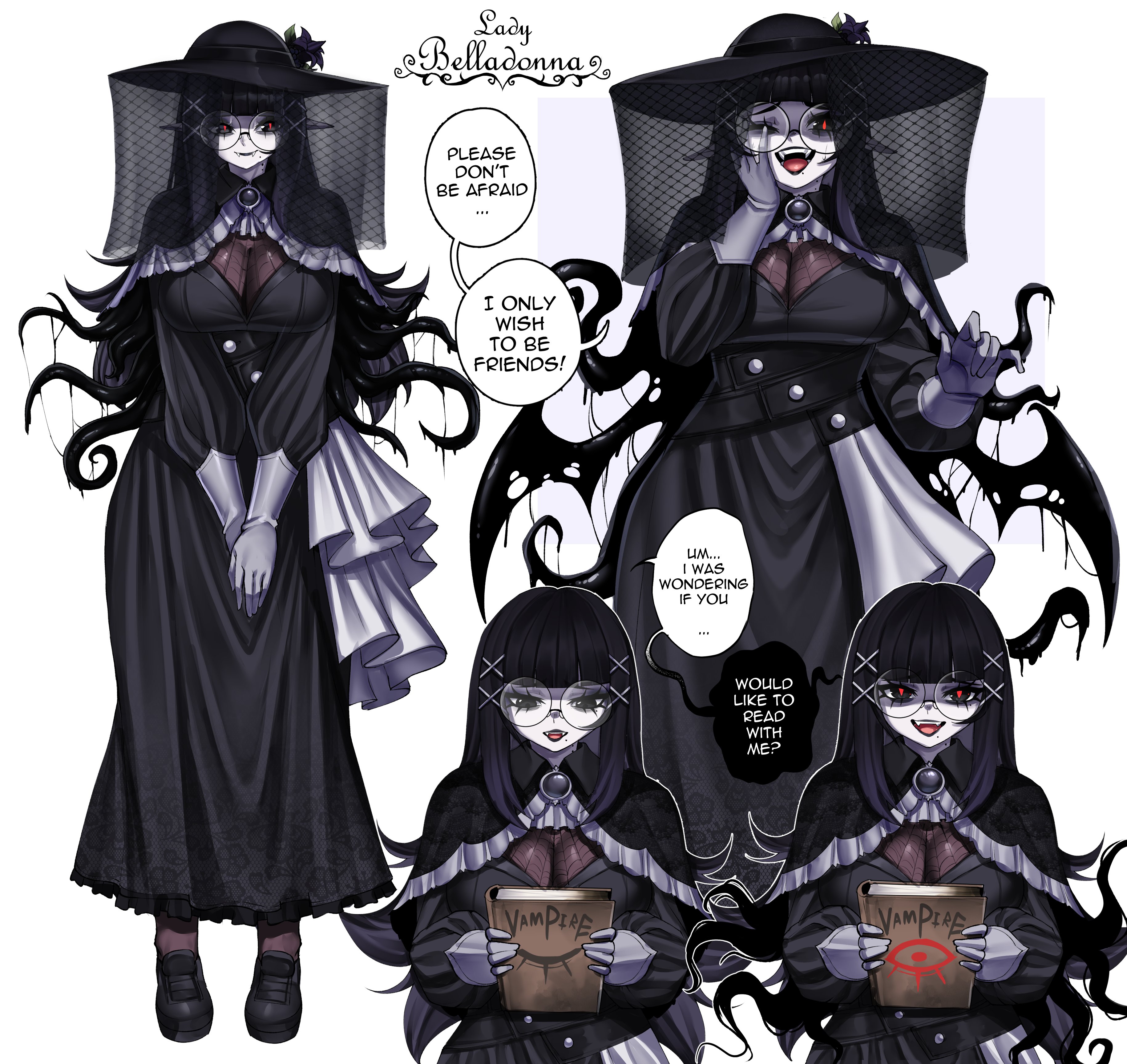 rageman709, original, absurdres, highres, black hair, black hat, black lips, book, breasts, cleavage, english text, fangs, frills, gloves, goth fashion, hair ornament, hat, holding, holding book, huge breasts, long eyelashes, long hair, long sleeves, looking at object, looking at viewer, mole, mole under mouth, multiple views, open mouth, red eyes, simple background, slit pupils, tentacles, tongue, too many eyes, white background, white gloves