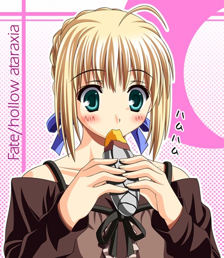 hiya, artoria pendragon (fate), saber (fate), fate/hollow ataraxia, fate/stay night, fate (series), 00s, 1girl, blonde hair, copyright name, female focus, food, official alternate costume, solo, sweet potato