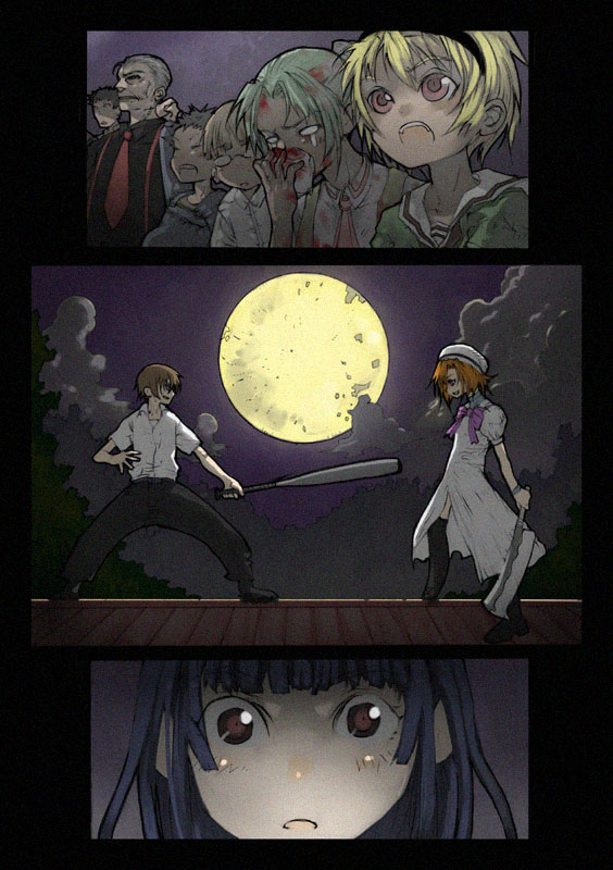 ginpatia, furude rika, houjou satoko, maebara keiichi, ooishi kuraudo, ryuuguu rena, sonozaki mion, higurashi no naku koro ni, tsumihoroboshi-hen, 00s, 4girls, 5boys, baseball bat, black hair, blonde hair, blood, blood in hair, blood on hands, blue hair, blunt bangs, bow, bowtie, comic, crowd, dress, everyone, full body, holding, holding weapon, knife, multiple boys, multiple girls, necktie, night, parted lips, red eyes, red necktie, silent comic, suspenders, weapon, white dress