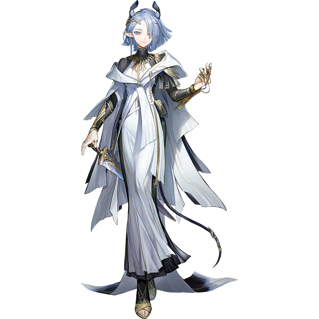 kang yiqian (self cultivation), clementia (arknights), arknights, official art, third-party source, 1girl, aqua hair, arm armor, blue eyes, blunt ends, breast cutout, dress, eyes visible through hair, full body, gladius, hair over one eye, headgear, parted hair, pointy ears, short hair, smile, sword, tachi-e, tail, toes, transparent background, weapon, white dress