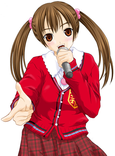 map (blue catty), original, 1girl, cardigan, female focus, microphone, music, pleated skirt, school uniform, serafuku, singing, skirt, solo, twintails