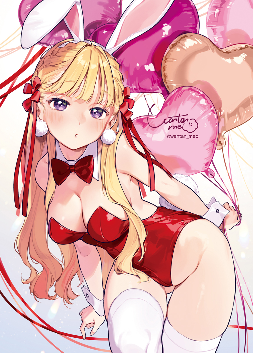 wantan meo, original, highres, 1girl, animal ears, balloon, blonde hair, blush, bow, bowtie, breasts, detached collar, earrings, fake animal ears, fake tail, hair ribbon, heart balloon, highleg, highleg leotard, jewelry, leaning forward, leotard, long hair, looking at viewer, medium breasts, parted lips, playboy bunny, pom pom (clothes), pom pom earrings, purple eyes, rabbit ears, rabbit tail, red bow, red bowtie, red leotard, ribbon, solo, tail, thigh gap, thighhighs, white thighhighs, wrist cuffs