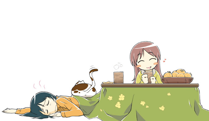 tessei, original, 2girls, ^ ^, anus, blush stickers, cat, closed eyes, cup, food, fruit, kotatsu, mandarin orange, multiple girls, sitting, table, tea, yunomi