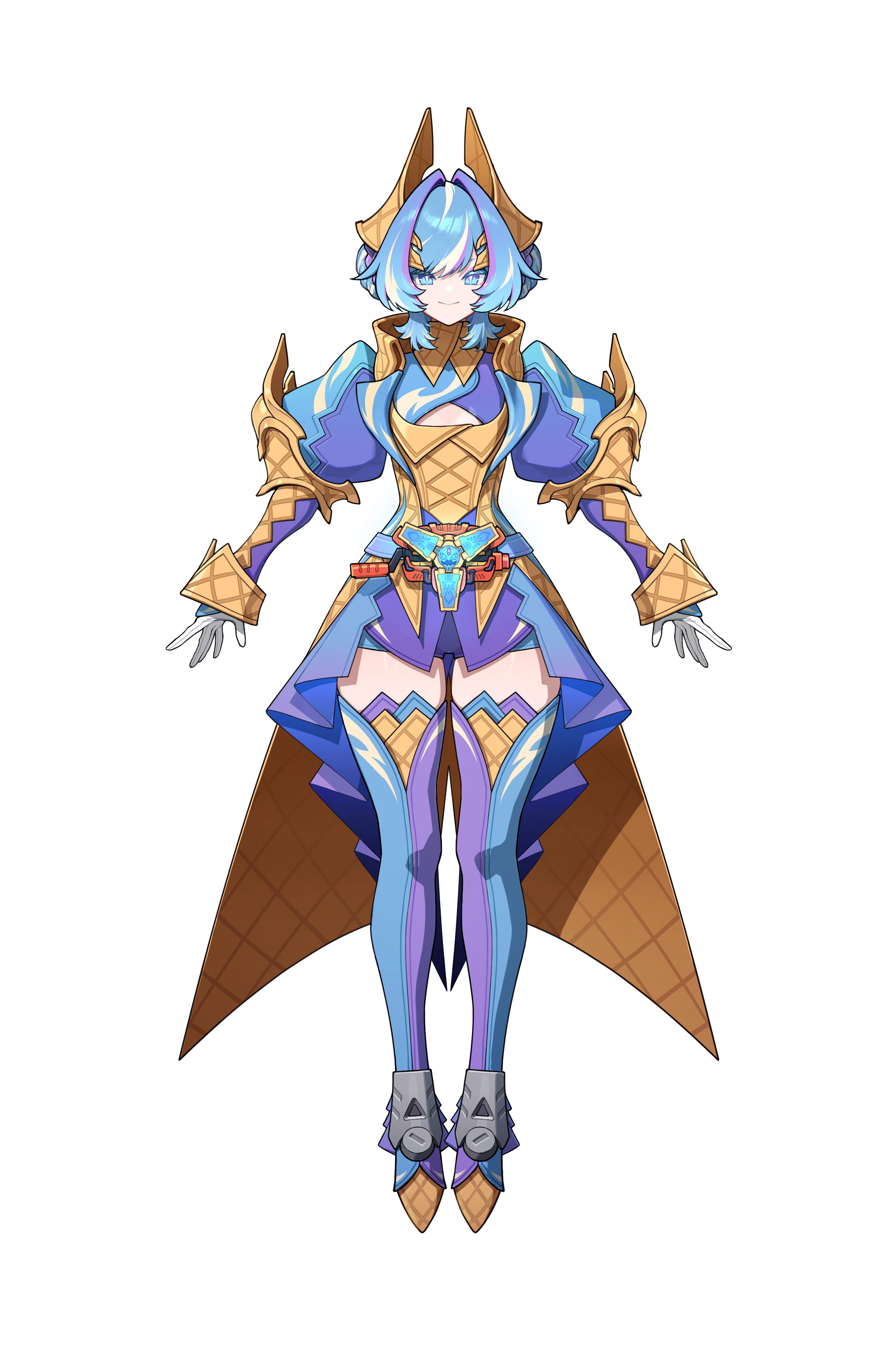 goz-zz, kamen rider gavv, kamen rider gavv (blizzardsorbet form), rider-tan, kamen rider, kamen rider gavv (series), absurdres, commentary, highres, 1girl, belt, blue belt, blue dress, blue eyes, blue hair, boots, cleavage cutout, clothing cutout, colored eyelashes, dress, full body, genderswap, genderswap (mtf), gloves, gochizo, henshin belt gavv, juliet sleeves, long sleeves, looking at viewer, medium hair, multicolored hair, puffy sleeves, purple hair, rider belt, shorts, shorts under dress, simple background, smile, solo, standing, straight-on, streaked hair, thigh boots, white background, white gloves, white hair