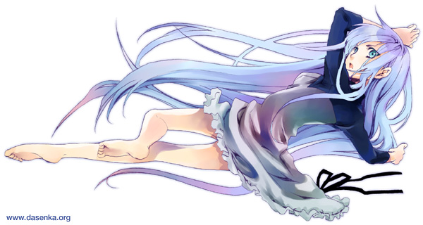 kurafuji sachi, original, 1girl, barefoot, blue hair, dress, feet, female focus, from above, from behind, long hair, looking back, looking up, lying, on stomach, solo, toes, very long hair