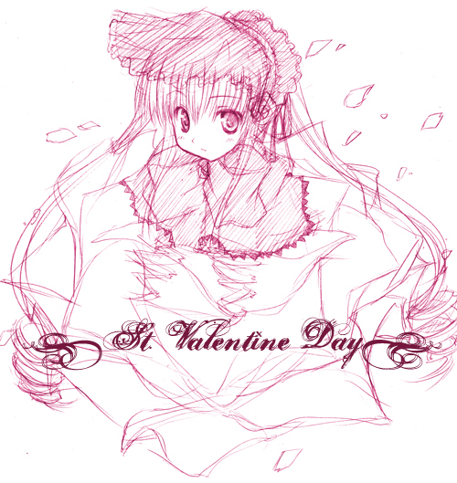 luna lia, shinku, rozen maiden, graphite (medium), traditional media, 00s, 1girl, female focus, monochrome, pink theme, sketch, solo, text focus, valentine
