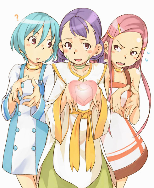 mannen hitsu, anemone (eureka seven), eureka (eureka seven), sakuya (eureka seven), eureka seven, eureka seven (series), 00s, 3girls, ?, bare shoulders, blush, buttons, collarbone, cowboy shot, dress, embarrassed, facepaint, failure, flying sweatdrops, hair ornament, hairclip, heart, heart hands, heart in heart hands, jewelry, multiple girls, neck ring, simple background, smile, valentine, white background, white dress