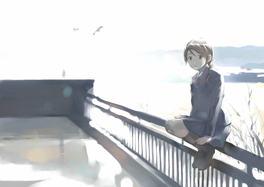 yoshizuki kumichi, 1girl, bird, blazer, braid, branch, brown hair, female focus, jacket, on railing, pleated skirt, railing, school uniform, skirt, solo