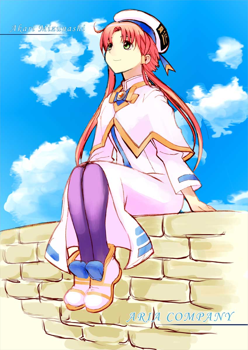 arumi, mizunashi akari, aria (manga), wall, highres, 00s, 1girl, arms at sides, blue sky, brick wall, capelet, character name, cloud, day, dress, female focus, foot dangle, full body, green eyes, hat, high collar, leggings, long dress, long hair, long sleeves, looking up, outdoors, pantyhose, pink hair, purple pantyhose, red hair, sailor hat, shoes, short hair with long locks, sidelocks, sitting, sky, solo, text focus, white dress