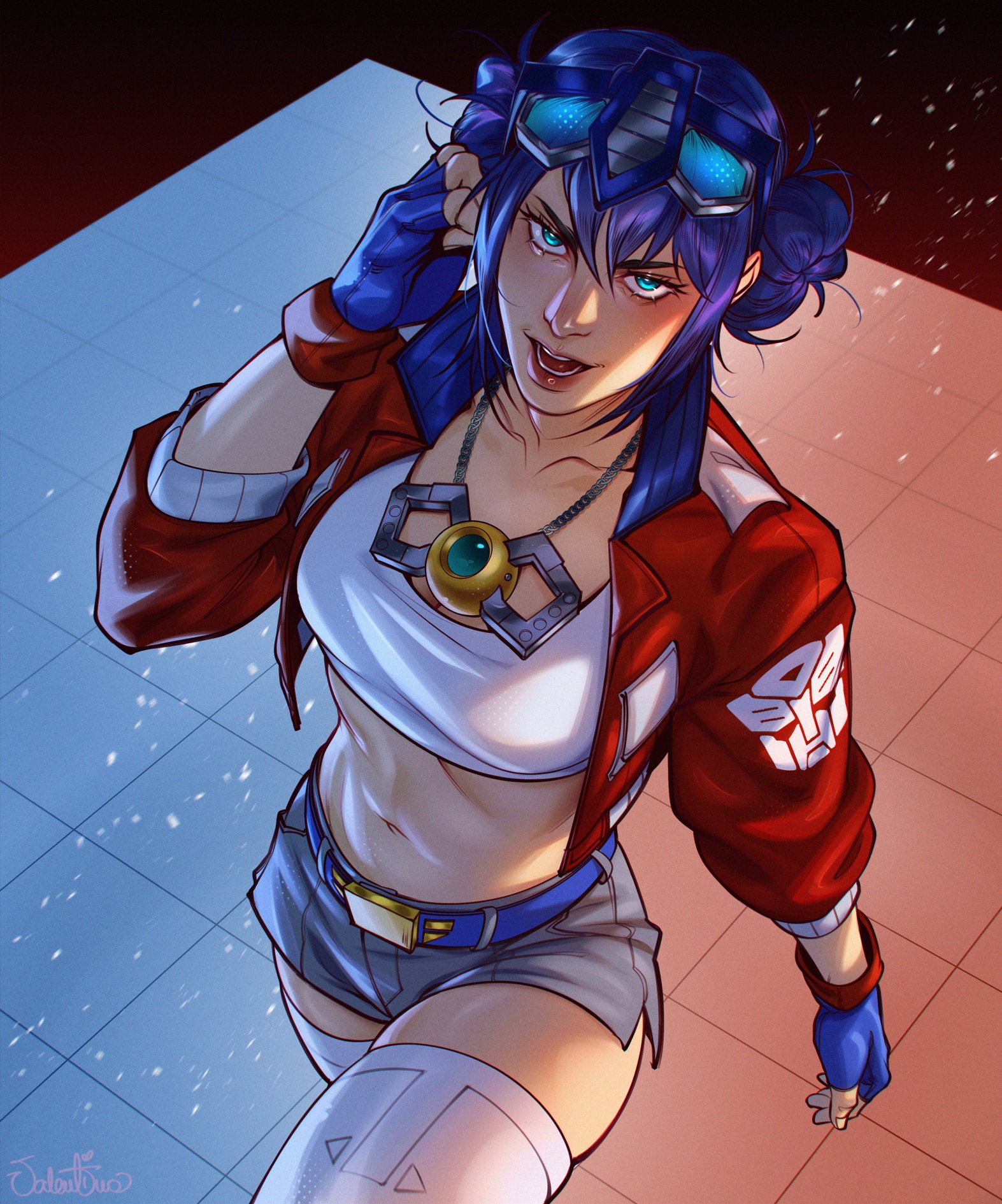 valentina tavolilla, optimus prime, optimus prime (kotobukiya bishoujo), kotobukiya bishoujo, transformers, transformers: generation 1, highres, 1girl, blue eyes, blue gloves, blue hair, breasts, crop top, double bun, eyewear on head, fingerless gloves, gloves, grey shorts, hair bun, jacket, looking at viewer, matrix of leadership, medium breasts, red jacket, shirt, shorts, thighhighs, walking, white shirt, white thighhighs
