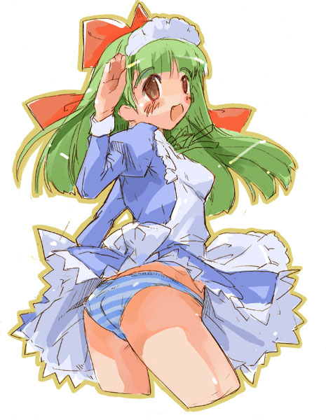 momiji mao, 1girl, apron, ass, blue dress, blue panties, blue skirt, blush, bow, brown eyes, dress, female focus, green hair, hair bow, headdress, lingerie, long hair, looking back, maid, maid apron, panties, pantyshot, petticoat, skirt, solo, standing, striped clothes, striped panties, underwear, upskirt, wind, wind lift