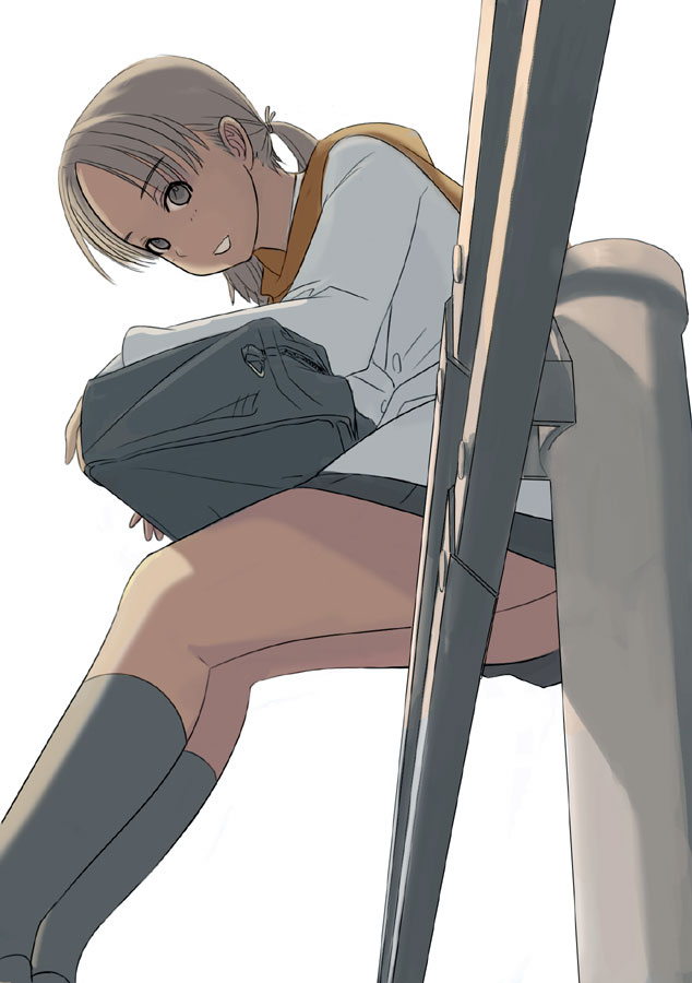 kiriman (souldeep), 1girl, bag, blonde hair, female focus, from below, looking at viewer, looking down, low twintails, on railing, pleated skirt, railing, school uniform, serafuku, sitting, skirt, socks, solo, twintails, upskirt
