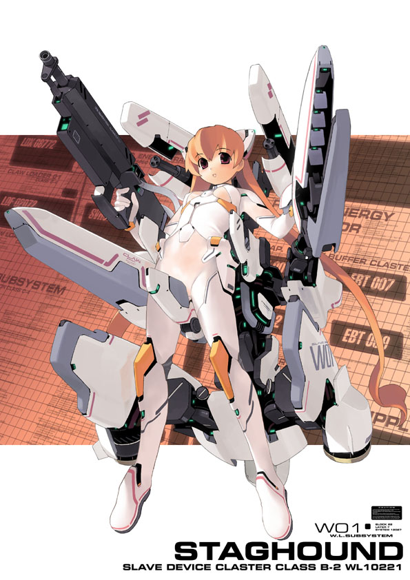 jiji (aardvark), 1girl, :d, bodysuit, brown hair, cannon, female focus, full body, gun, looking at viewer, machinery, mecha musume, open mouth, red eyes, rifle, simple background, smile, solo, twintails, weapon