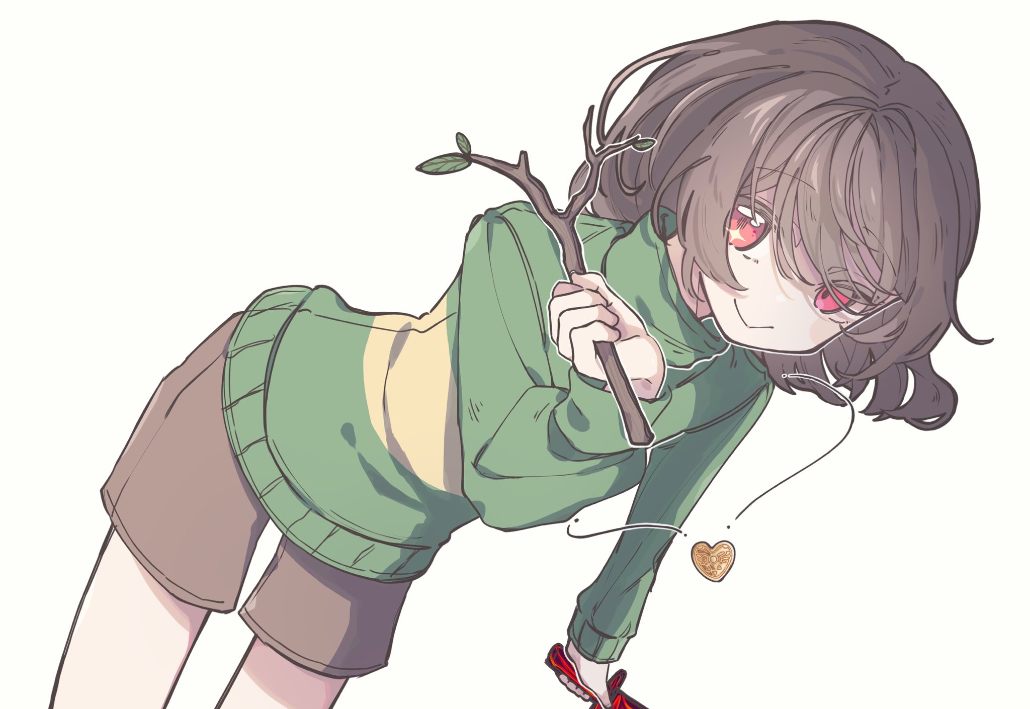 chara (undertale), undertale, utdr (toby fox), highres, 1other, androgynous, brown hair, brown shorts, green sweater, heart, heart necklace, holding, holding knife, holding stick, jewelry, knife, looking at viewer, necklace, okura 0915, red eyes, shorts, simple background, smile, solo, stick, striped clothes, striped sweater, sweater, two-tone sweater, white background
