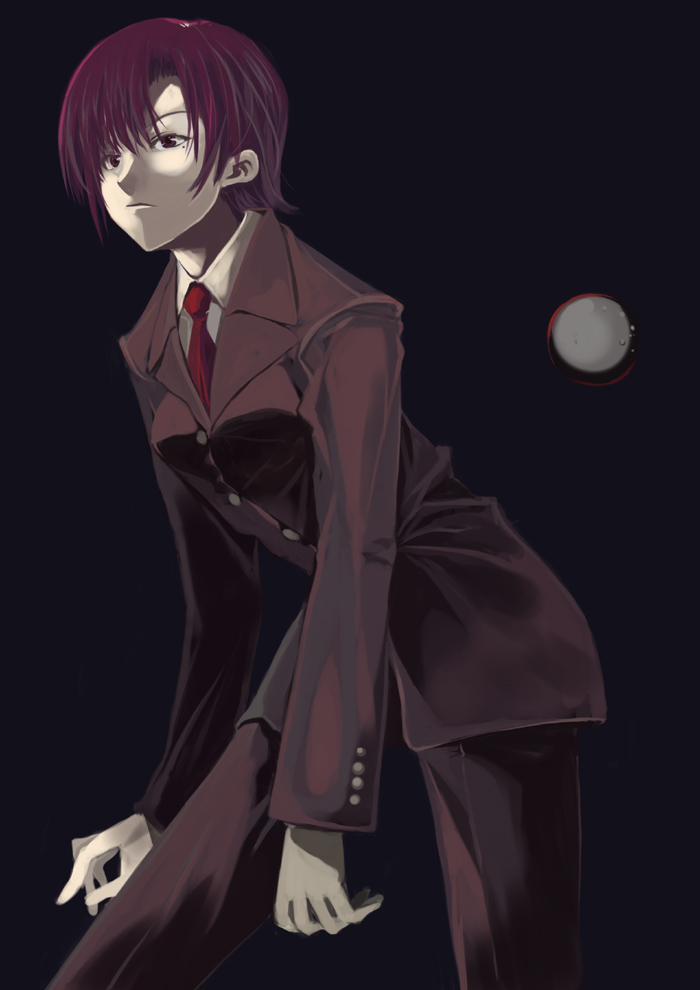 mizuki makoto, bazett fraga mcremitz, fate/hollow ataraxia, fate/stay night, fate (series), 00s, 1girl, dark, female focus, formal clothes, fragarach (fate), long sleeves, mole, mole under eye, necktie, pant suit, pants, red hair, short hair, solo, suit