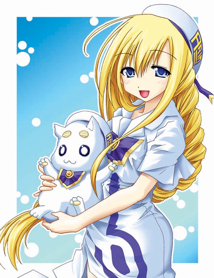 ndemotte, alicia florence, aria pokoteng, aria (manga), 00s, 1girl, animal, blonde hair, blouse, blue eyes, bow, cat, female focus, hat, long hair, open mouth, ribbon, shirt, smile, solo, white shirt