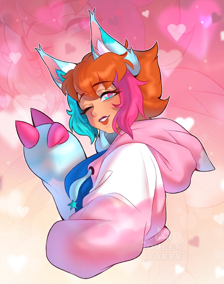 queen purrr, original, commission, 1girl, animal ear fluff, animal ears, animal hands, artist name, blue eyes, blue hair, blue shirt, breasts, drawstring, female focus, from side, half-closed eye, hand up, happy, heart, heart background, hood, hood down, hooded jacket, jacket, looking at viewer, medium breasts, multicolored eyes, multicolored hair, one eye closed, open clothes, open jacket, orange hair, outline, parted lips, pink background, pink eyes, pink hair, pink jacket, shirt, short hair, sidelocks, smile, solo, star (symbol), teeth, upper body, v, watermark, white outline, wink, zoom layer