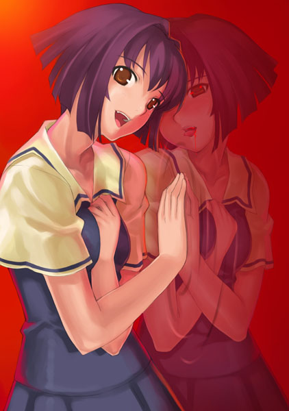 mikazuki akira!, maaka karin, karin, 00s, 1girl, different reflection, female focus, neck, purple hair, red eyes, reflection, skirt, solo