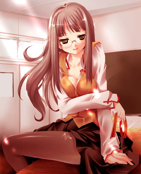 utsurogi angu, himuro kane, fate/stay night, fate (series), 00s, 1girl, breasts, cleavage, come hither, female focus, glasses, homurabara academy school uniform, large breasts, naughty face, pantyhose, round eyewear, school uniform, seductive gaze, seductive smile, sitting, smile, solo