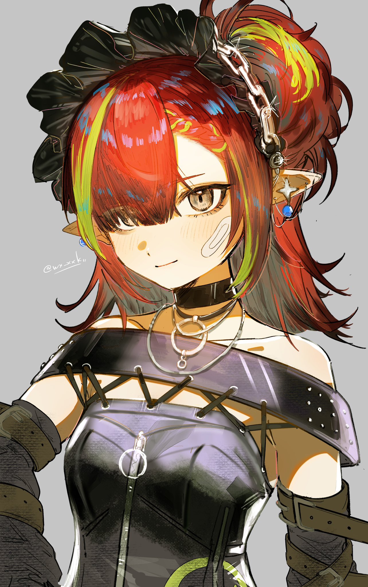 syakkotu, tecno (arknights), arknights, highres, 1girl, bandaid, bandaid on face, bare shoulders, black bonnet, black choker, black dress, blush, bonnet, braid, breasts, brown eyes, choker, detached sleeves, dress, earrings, green hair, grey background, hair over one eye, jewelry, long hair, looking at viewer, multicolored hair, necklace, pointy ears, red hair, simple background, small breasts, smile, solo, streaked hair, twitter username
