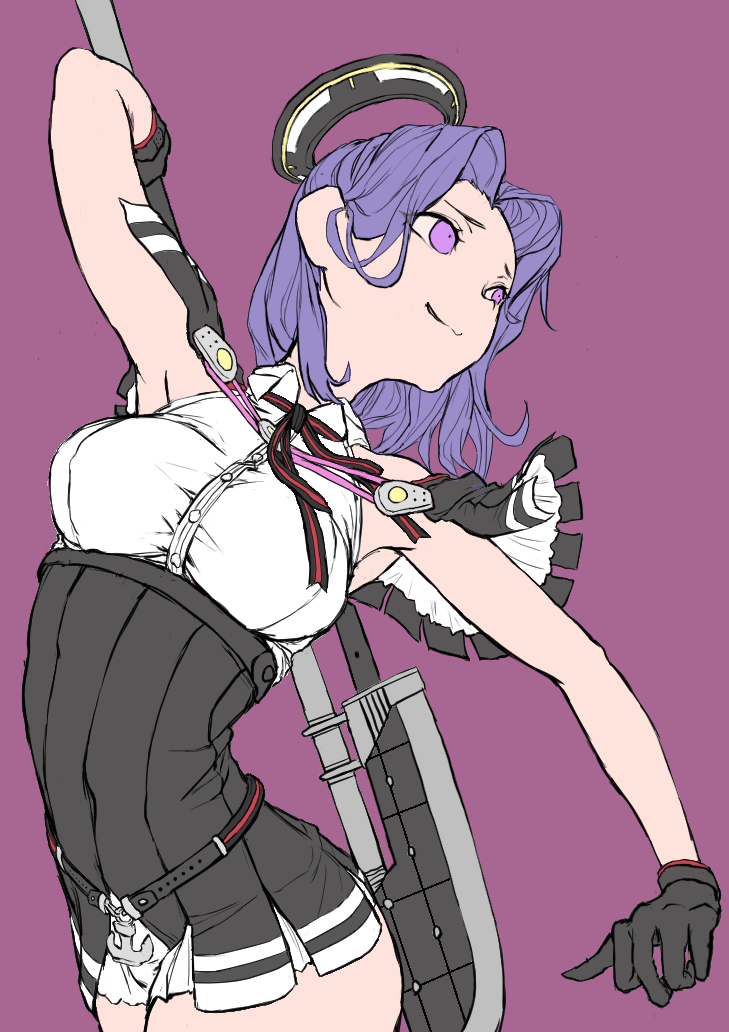 sannsogyoraikai, tatsuta (kancolle), tatsuta kai ni (kancolle), kantai collection, 1girl, armpits, black capelet, black gloves, breasts, capelet, glaive (polearm), gloves, halo, holding, holding polearm, holding weapon, mechanical halo, polearm, purple eyes, purple hair, short hair, weapon