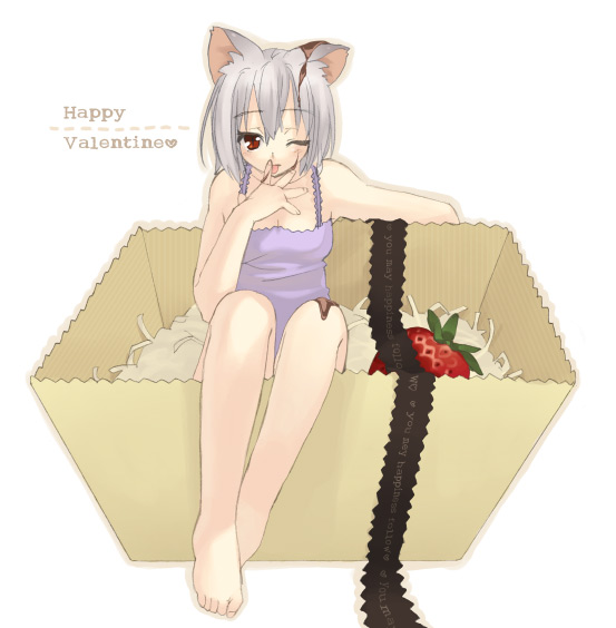 piyodera mucha, 1girl, animal ears, barefoot, box, cat ears, feet, female focus, food, fruit, grey hair, happy valentine, in box, in container, one eye closed, red eyes, ribbon, short hair, solo, strawberry, toes, valentine