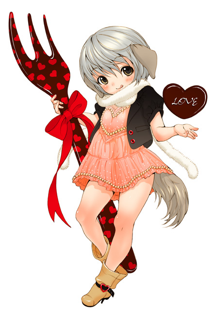 inuburo, copyright request, 1girl, animal ears, candy, chocolate, chocolate heart, dog ears, dog tail, dress, female focus, food, full body, heart, oversized object, pink skirt, simple background, skirt, solo, tail, valentine, white background