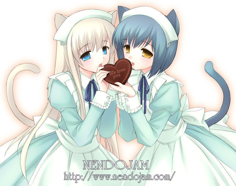 lugosi ela, 2girls, animal ears, blonde hair, blue eyes, blue hair, candy, cat ears, cat tail, chocolate, chocolate heart, food, heart, long hair, maid, multiple girls, shared food, short hair, tail, valentine, watermark, web address, white background, yellow eyes