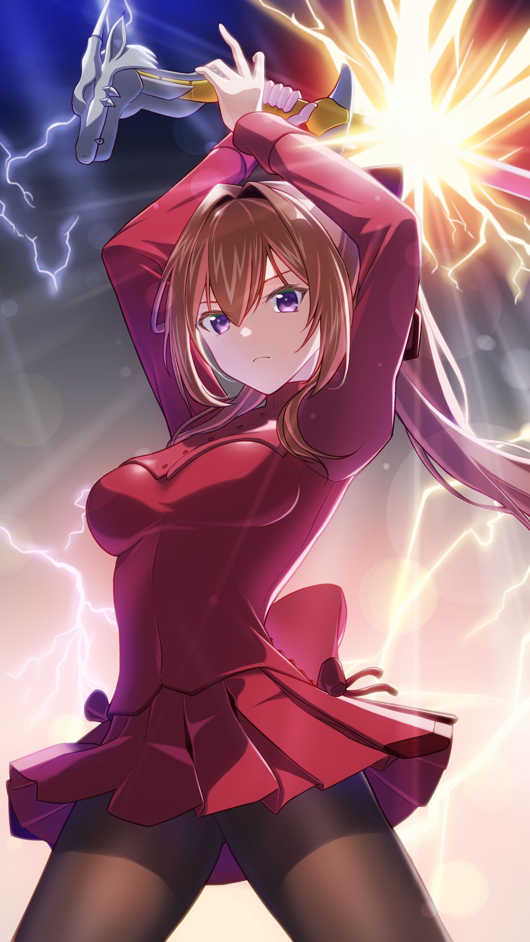 netarou (shinra), kaze no stigma, highres, 1girl, dress, holding, holding sword, holding weapon, lapis (kaze no stigma), long hair, orange hair, pantyhose, ponytail, purple eyes, red dress, solo, sword, weapon