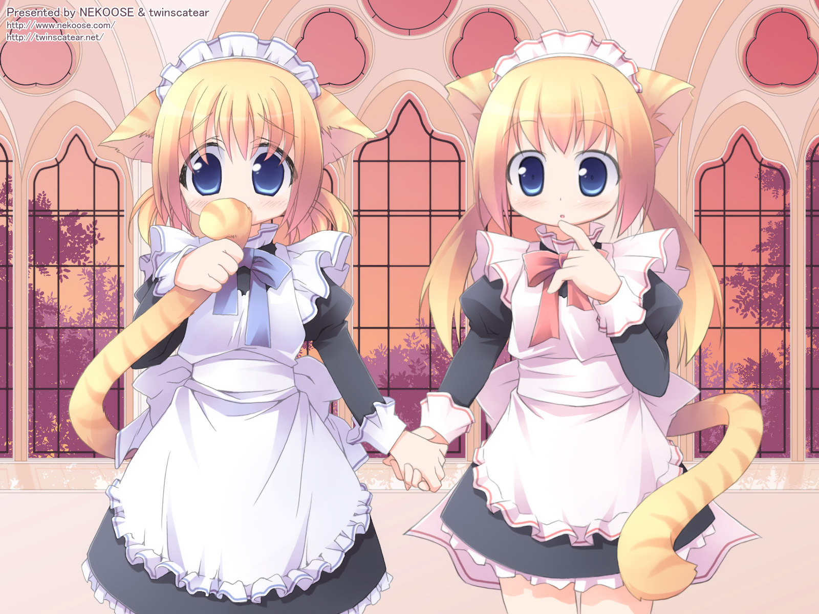 kagura yuuki, nekono osero, highres, 2girls, animal ears, apron, blonde hair, blue eyes, blush, bow, cat ears, cat tail, holding hands, holding own tail, indoors, long hair, maid, maid apron, maid headdress, multiple girls, nervous, pink bow, tail, tail grab, twintails, window