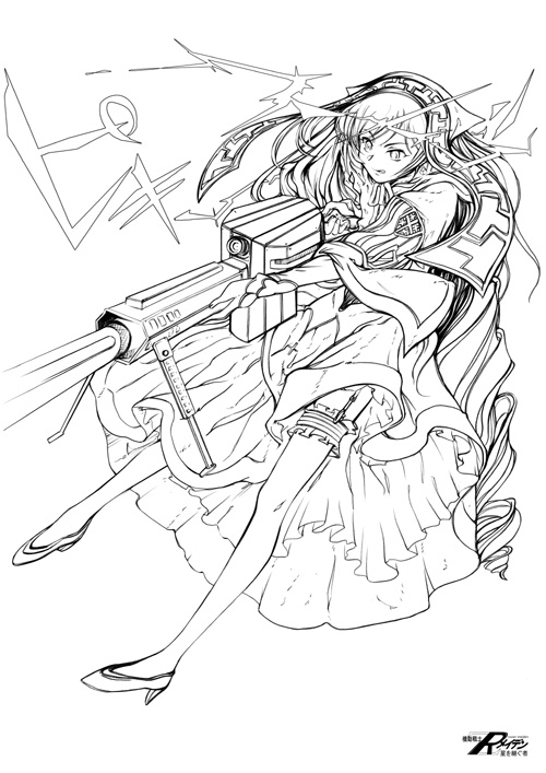 morisoban, suiseiseki, rozen maiden, 00s, greyscale, gun, heterochromia, long hair, monochrome, solo, very long hair, weapon
