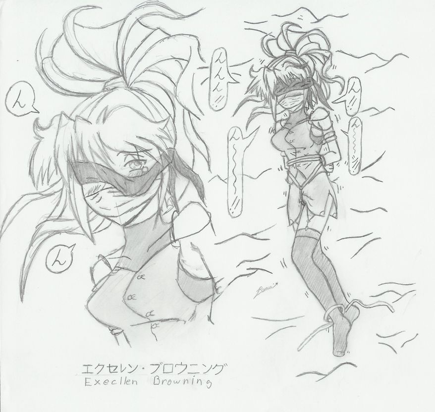 excellen browning, super robot wars, bdsm, blindfold, bondage, cloth gag, crotch rope, gag, gagged, monochrome, rope