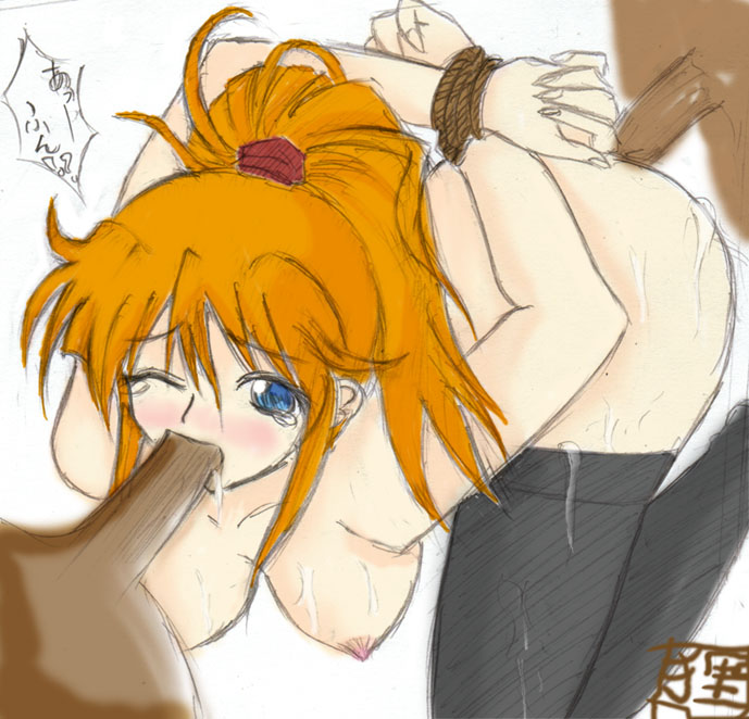 excellen browning, banpresto, super robot wars, 1girl, 2boys, bdsm, blue eyes, bondage, bound, breasts, dark skin, fellatio, group sex, head out of frame, hetero, multiple boys, nipples, nude, oral, penis, rape, rope, sex, sketch, solo focus, spitroast, text focus, thighhighs, uncensored