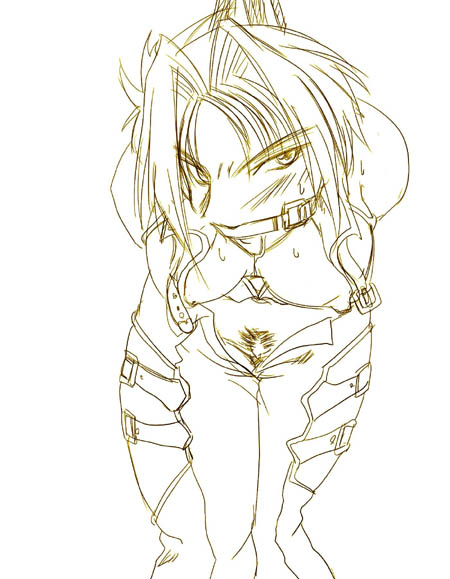 viletta badam, viletta vadim, banpresto, super robot wars, 1girl, angry, ball gag, bdsm, belt, bondage, bound, breasts, female focus, female pubic hair, gag, gagged, large breasts, monochrome, no panties, open clothes, open shirt, pubic hair, pussy, shirt, sketch, solo