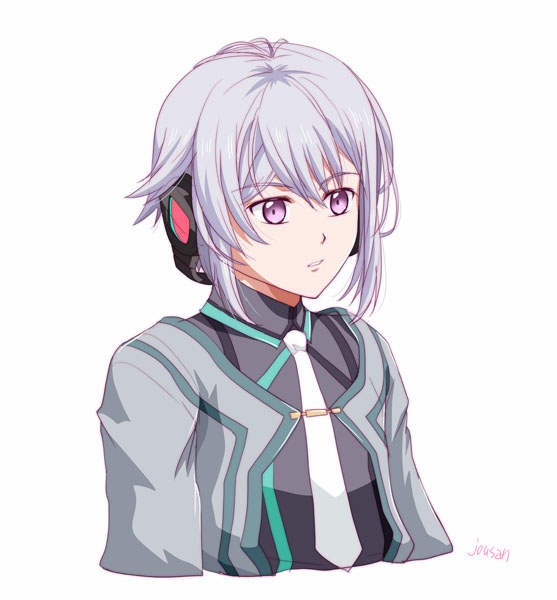 xiacheng tatsuya, quatre salision, eiyuu densetsu, kuro no kiseki, kuro no kiseki (series), kuro no kiseki ii, 1boy, artist name, double-parted bangs, earphones, grey hair, hair between eyes, male focus, necktie, portrait, purple eyes, short hair, sidelocks, simple background, solo, white background, white necktie