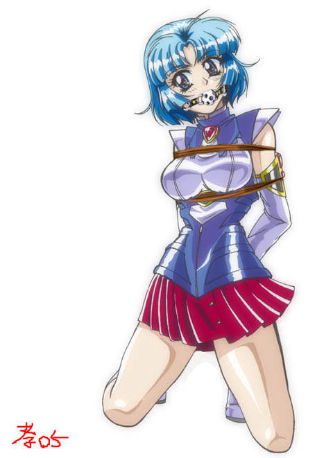 kusuha mizuha, banpresto, super robot wars, third-party edit, 1girl, :d, armor, ball gag, bare shoulders, bdsm, blue eyes, blue hair, blush, bondage, bound, brooch, female focus, gag, gagged, head tilt, jewelry, kneeling, looking at viewer, matching hair/eyes, open mouth, rope, shibari, shiny clothes, shoes, skin tight, smile, solo, teeth