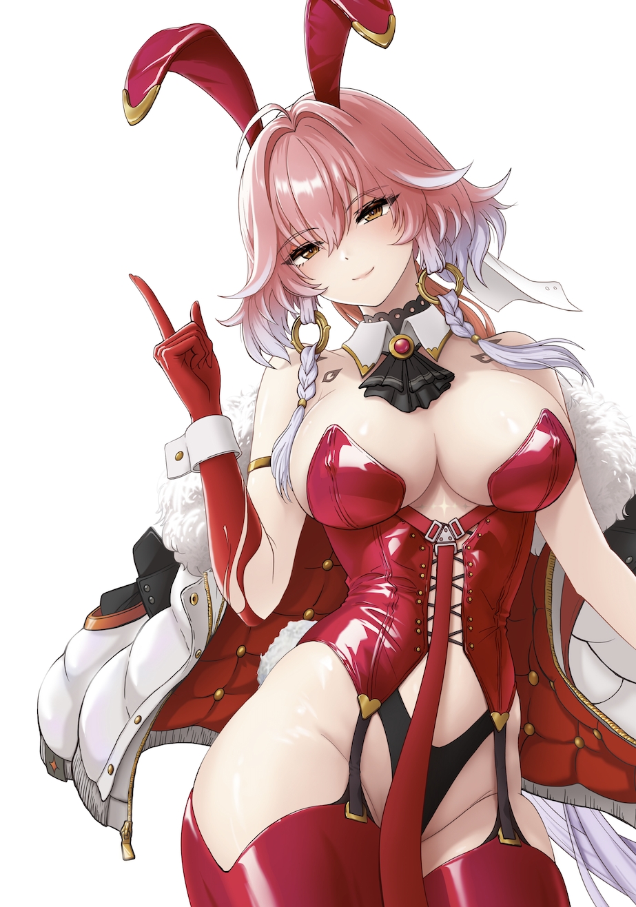 papatouch, changli (wuthering waves), wuthering waves, clothing request, commentary request, has bad revision, highres, md5 mismatch, source mismatch, 1girl, ahoge, alternate costume, animal ear hairband, animal ears, ascot, bare shoulders, black ascot, black choker, body markings, bow, braid, breasts, bug, butterfly, choker, cleavage, collar, colored extremities, detached collar, fake animal ears, fake tail, groin, hair between eyes, hair bow, hair extensions, hair intakes, hairband, index finger raised, insect, large breasts, long hair, looking at viewer, mole, mole on crotch, multicolored hair, navel, nontraditional playboy bunny, orange butterfly, parted lips, pink hair, rabbit ears, rabbit tail, red hands, red thighhighs, ring hair extensions, simple background, smile, solo, stomach, strapless, tacet mark (wuthering waves), tail, thighhighs, twin braids, two-tone hair, very long hair, white background, white bow, white collar, white hair, white wrist cuffs, wrist cuffs